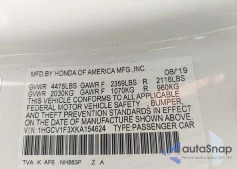 2019 Honda Accord Sport from USA, damaged, VIN 1HGCV1F3XKA154624